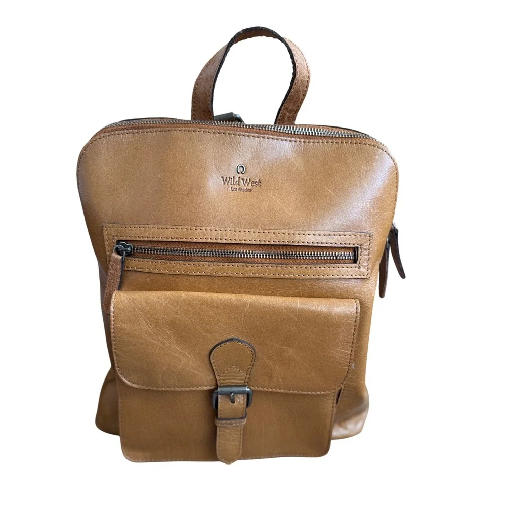 Wild West Los Angeles Leather Backpack Plaid Lining Buckle Pocket